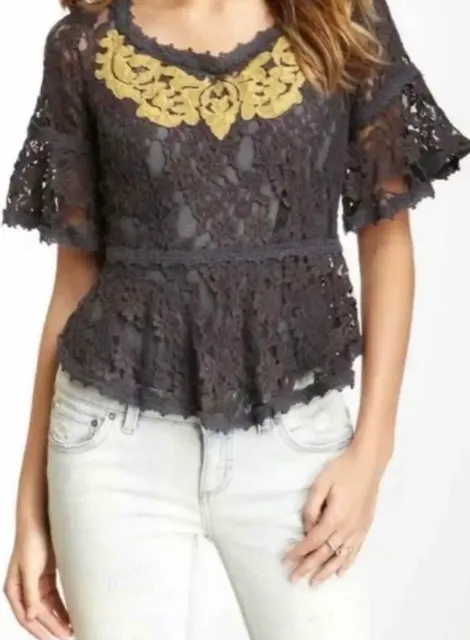 Free People Flair Floral Lace Crochet Peplum Top Size Medium Gray Cottagecore