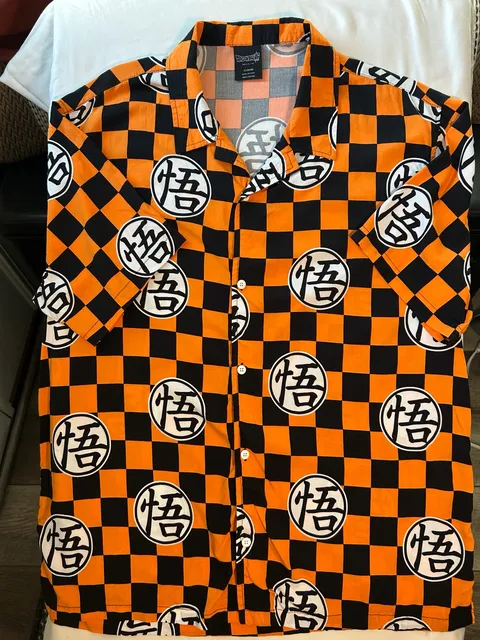 Dragon Ball Super Graphic Woven Resort Shirt Size XL Orange Black Checkered