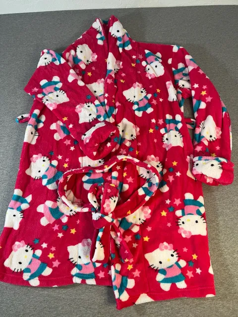 Hello Kitty Pink/White/Blue Fleece Bathrobe , Belt & Ties One Size 