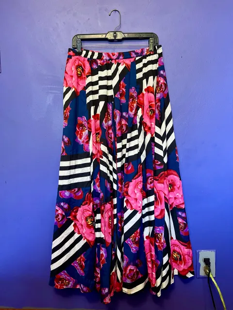 Mix Nouveau Maxi Skirt Size L Striped Rose Floral Long Skirt