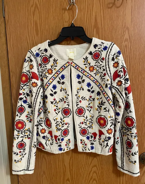 Maeve Embroidered Jacket Size Small boho White Floral Open Front Blazer