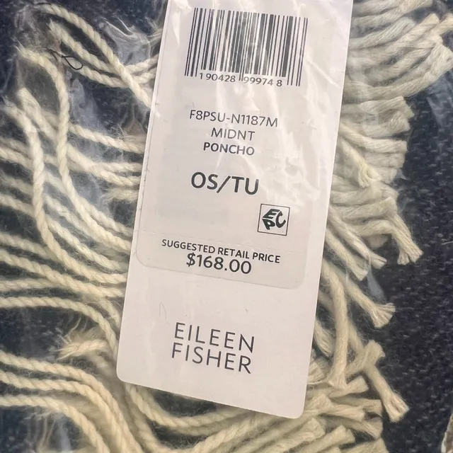 NIP Eileen Fisher Poncho Size OS Midnight Blue Stripe Fringe New F8PSU-N1187M
