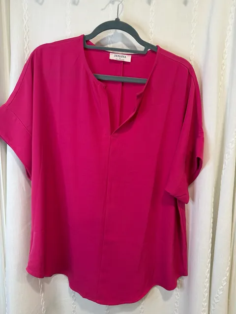 Zenana Women’s Large Hot Pink V-Neck Short Sleeve Blouse Tunic Top