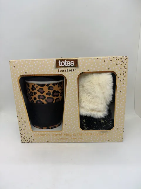 Totes Toasties Ceramic Travel Mug & Flip Mitt Gloves One Size Cheetah Print