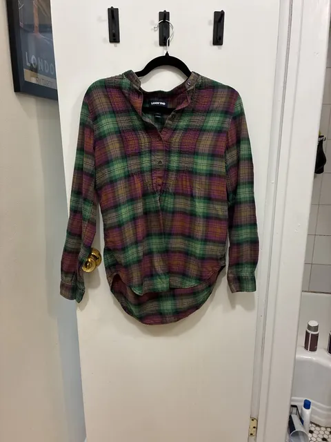 Lands' End Plaid Flannel Shirt Size 6 Green Purple Long Sleeve