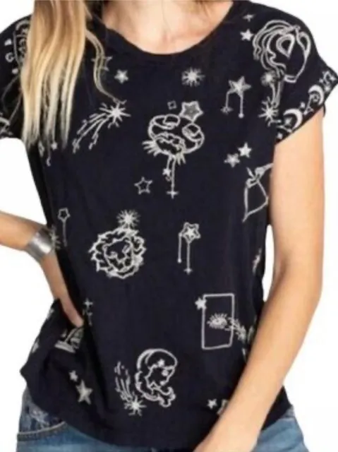Johnny Was Zodiac Celestial Embroidered Tee Size XS Black Whimsigoth Astrology