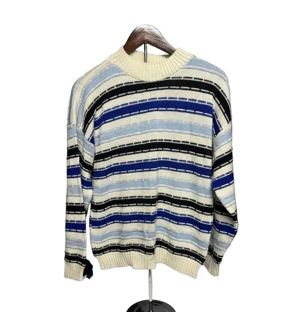 Vintage Y2k Grandma Striped Knit Sweater Blue Black White Mint