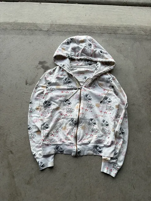 Sean John Crop Top Zip Up Hoodie White Crown All Over Print Y2K