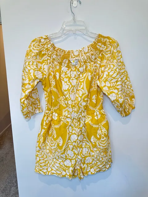 100% Cotton Boden Floral Print Off Shoulder Romper Size US 6P Yellow White