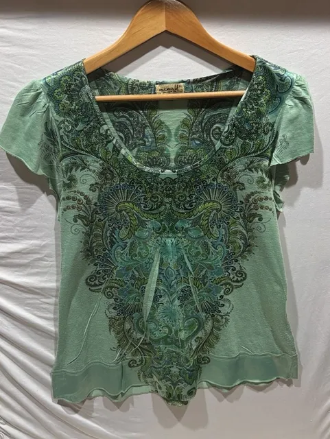 One World Paisley Top Size XL Green Short Sleeve Tee