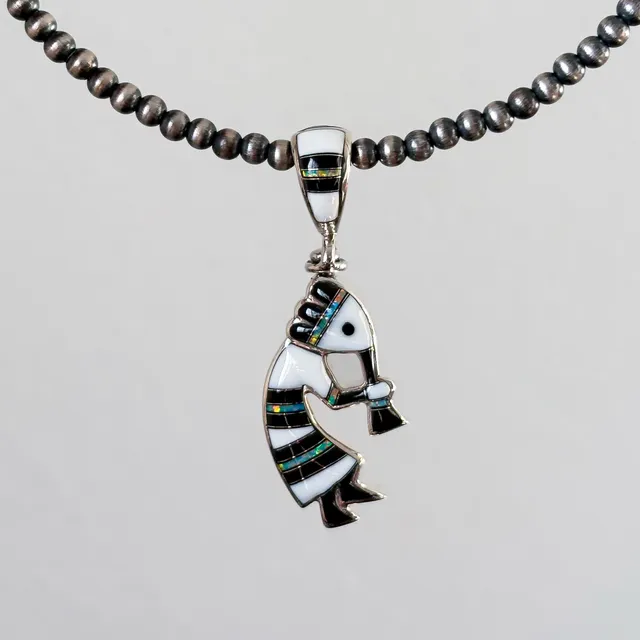 Southwestern Reversible Kokopelli Sterling Silver Genuine Stone Inlay Pendant