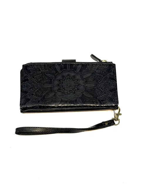 Women's Wristlet Wallet 7in Whimsigoth Y2K Indie Vanguard Heritage Boho Black Embossed Mandala Faux Leather Zip Organizer Detachable Strap