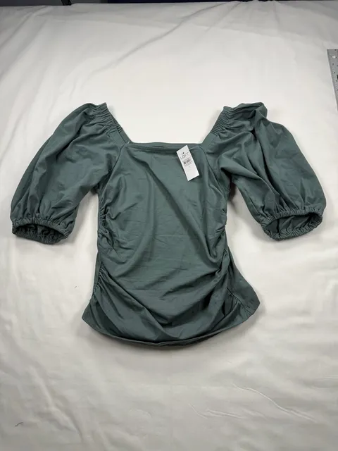 Loft Ruched Bubble Sleeve Top Size S Green Square Neck