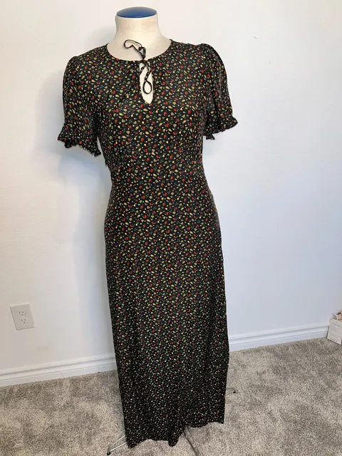 HVN 100% Silk Dawn Dress - Black Fruit Salad Print