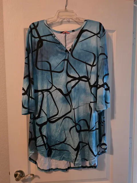 Simply Aster Tunic Top Size 4X Blue Black Abstract V-Neck 3/4 Sleeve
