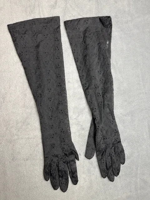 Vintage Black Eyelet Lace Long Gloves Size 6.5
