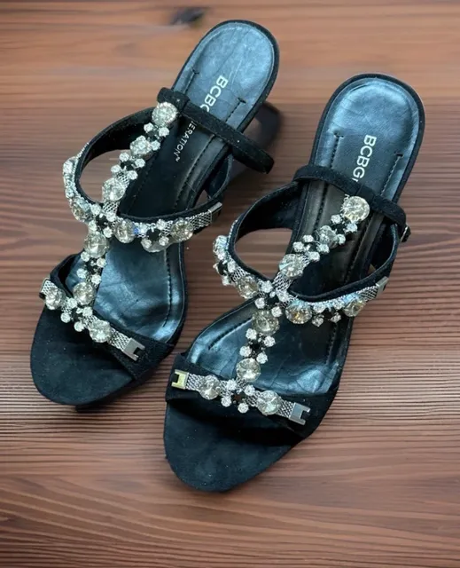 BCBGeneration Libbie Size 8B/38 Black Suede Rhinestone Stiletto Sandals
