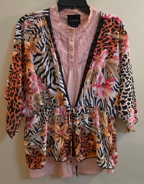 Liv Los Angeles Kimono Size L Mixed Print Animal Floral Cover Up Top