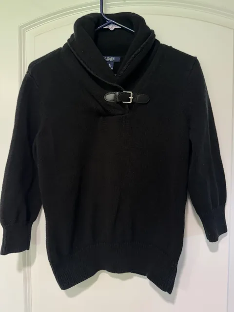 Black Shawl Collar Sweater Buckle Neck Preppy Old Money Women's Size M