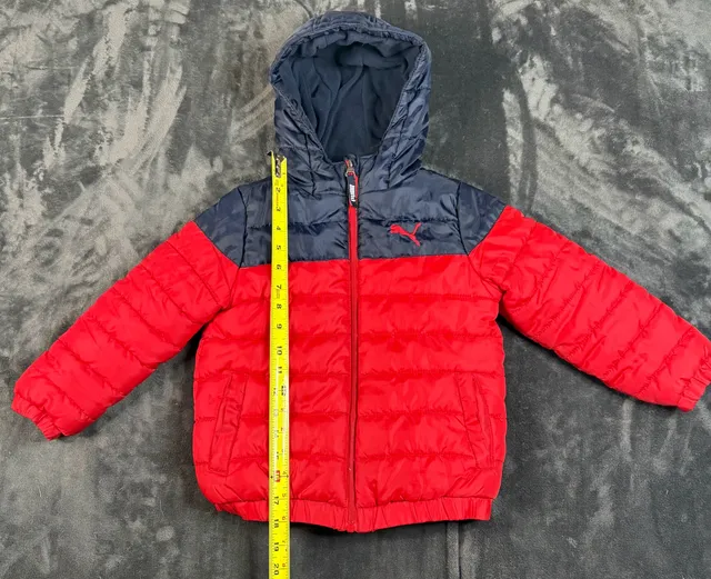 Kids Puma Puffer Jacket Size 5 Red Navy Blue Hooded Boys Winter Coat#178
