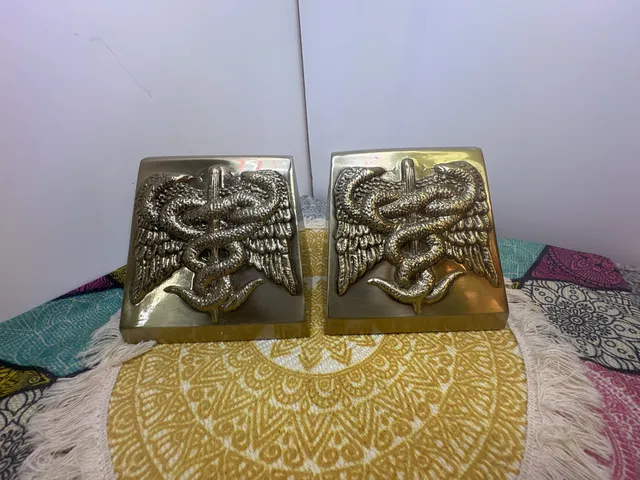 Pm Craftsman Caduceus Medical Brass Bookends - Vintage Physician