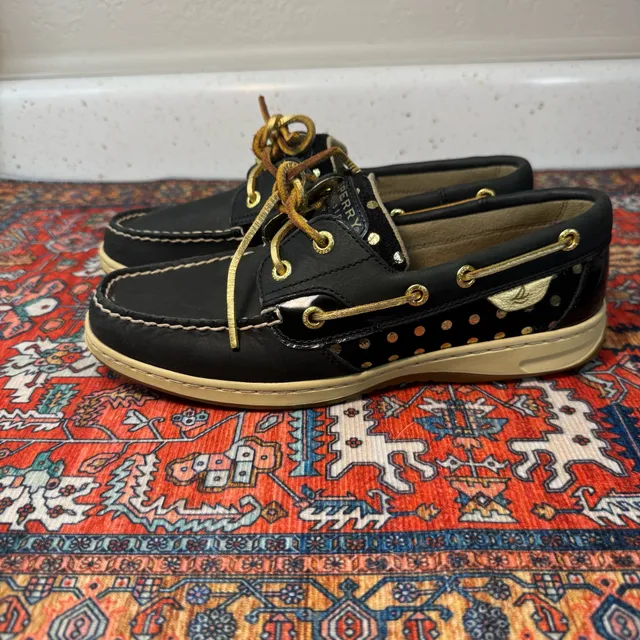 Sperry Top-Sider Women’s 7.5 Black Gold Leather Boat Shoes Polka Dot Metallic