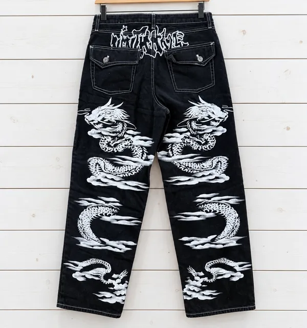 Ninth Hall Ambush Jeans Size 32 Black Dragon Print Baggy Denim