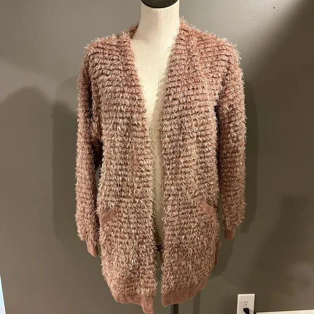 Knox Rose Open Front Fuzzy Cardigan Size S Pink Shaggy Pockets Sweater