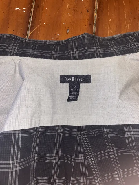 Van Heusen Plaid Button-Down Shirt Size 16-16.5 L/G Black Gray