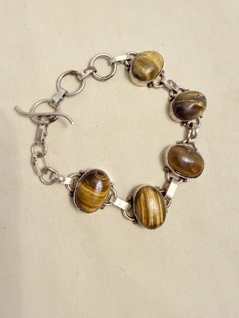 Vintage Sterling Silver 925 Tiger's Eye Gemstone Link Bracelet