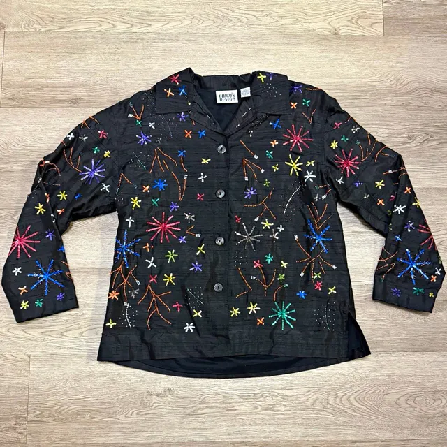Chico's Design Women's Black Silk Lined Short Button Jacket 8 RN 79984