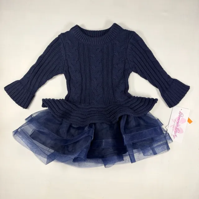 Bonnie Baby Knit Dress Size 12M Navy Blue Cable knit Tulle