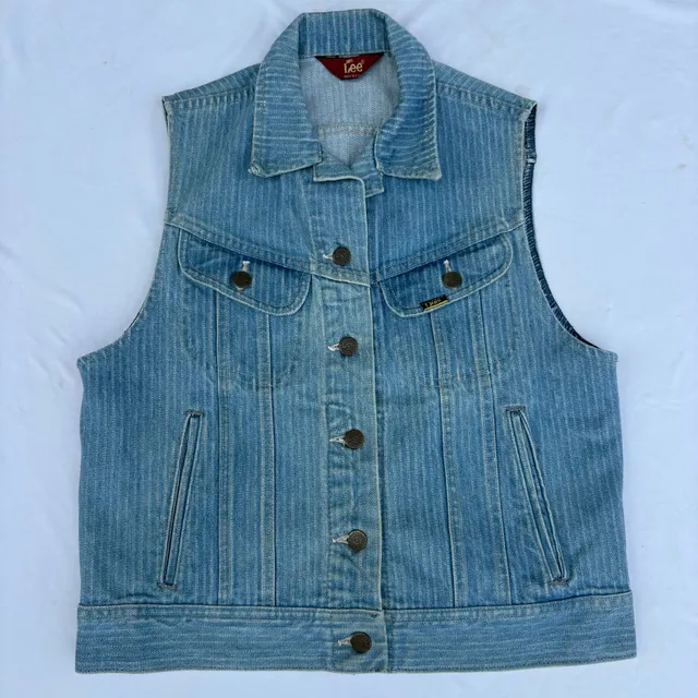 VTG 80s Ms Lee Pinstripe Denim Vest Medium 13/14 Railroad Stripe Made In USA