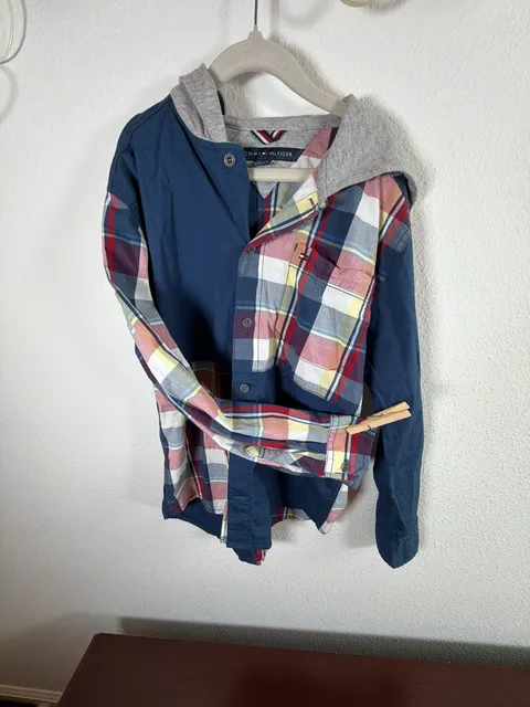 Tommy Hilfiger Plaid Hooded Button-Down Shirt Size 8/10 Multicolor