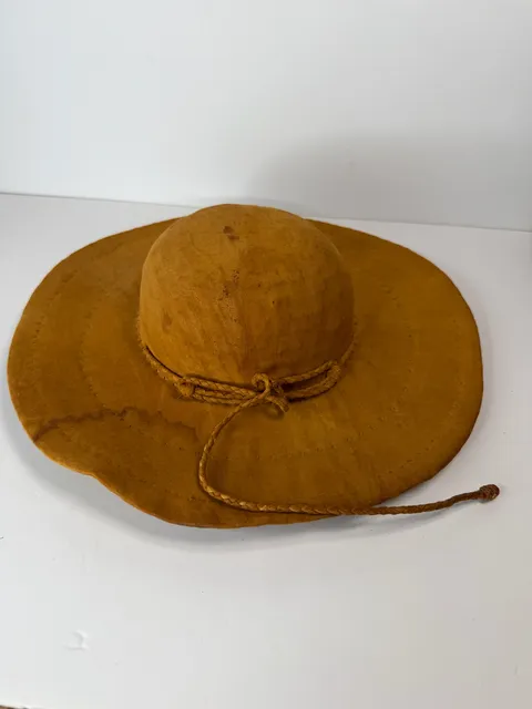 Vintage Mexican Made Suede Leather Sun Hat Brown Wide Brim Straw Lined