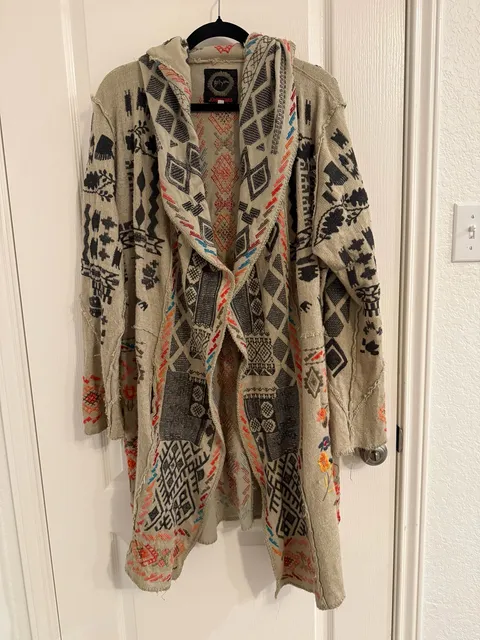 Johnny Was Biya Embroidered Hooded Duster Cardigan Size L Beige Boho Sweater
