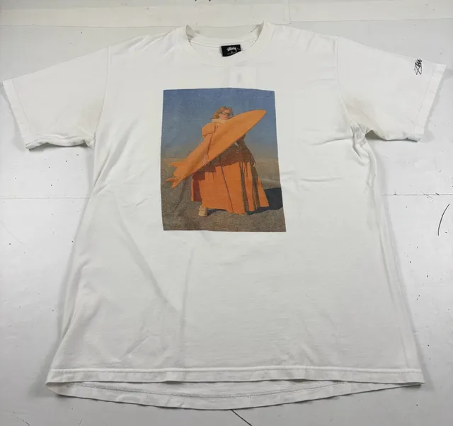 Stussy Graphic Photo T-Shirt White Surfboard Orange Dress Size M (OF) *light staining