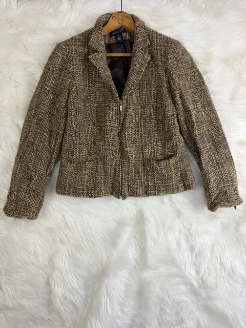 Vintage Jones New York Signature Tweed Blazer Size 10 Brown Zip Jacket