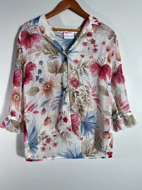 Alfred Dunner Petite 12P Floral Sheer Textured Blouse Pink Blue 3/4 Sleeve