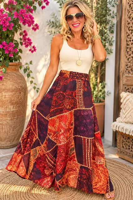 Boho Patchwork Maxi Skirt Red Orange Purple Long Elastic Waist