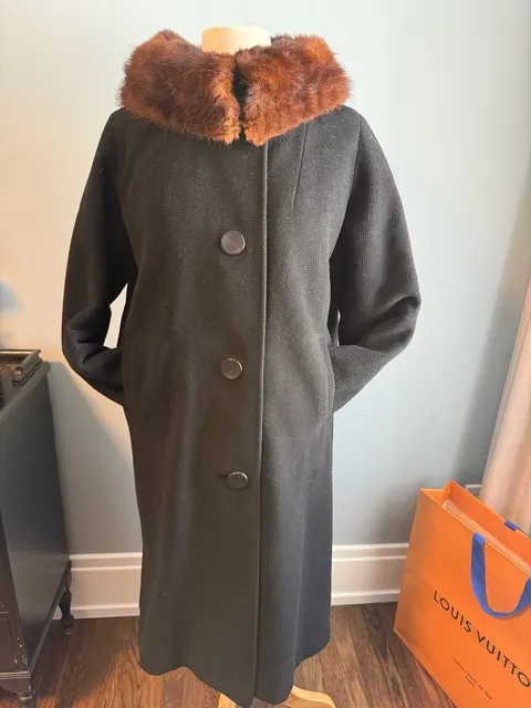 Regina by Milliken Black Wool Fur Collar Coat