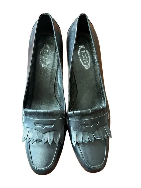 Tod's Black Leather Kiltie Penny Loafer Heels Size 39