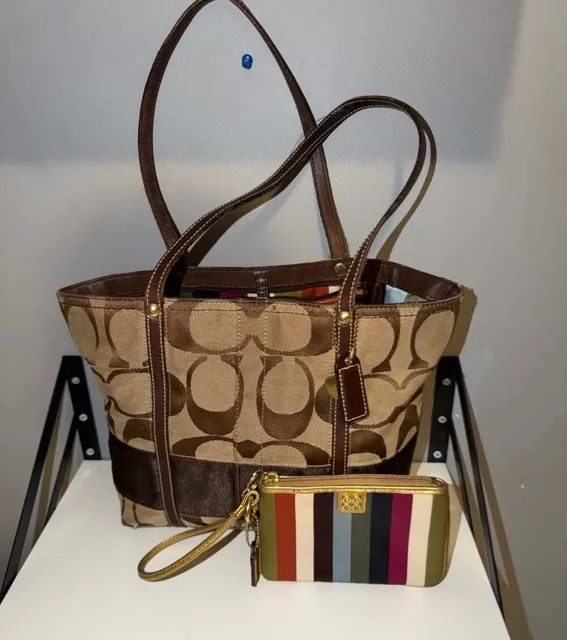 Coach Signature Legacy Stripe Tote And Wristlet Bag