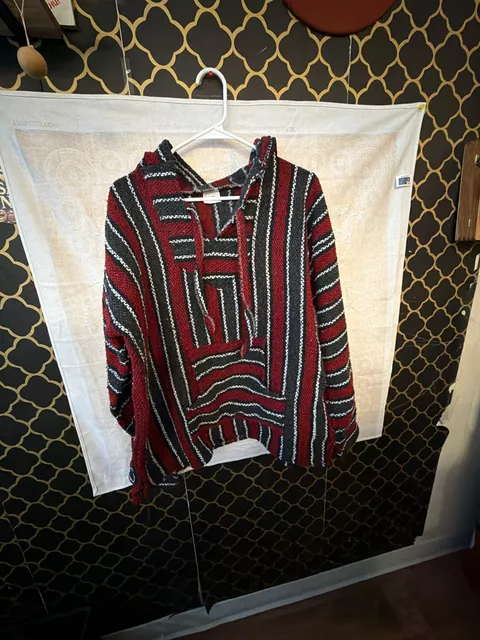Baja Hoodie Jerga Pullover Poncho Red Black Striped Medium