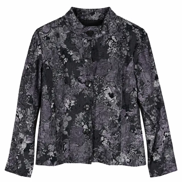 Chico's Jacquard Jacket Size 1 Black Gray Purple Floral Mandarin Collar