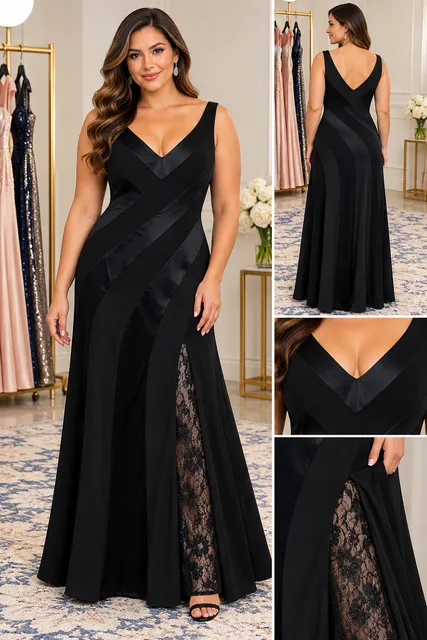 Black Satin Lace Inset V-Neck Plus Size Formal Evening Gown Size 10
