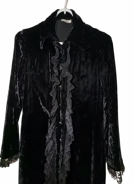 Pat Richards Vintage Velvet Lace Ruffle Long Dress/ Robe Black Gothic size 11/12