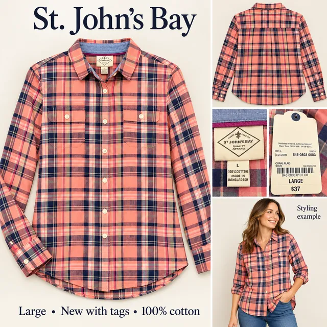St. John’s Bay Women’s Large Coral Navy Plaid Cotton Button Down Shirt NWT