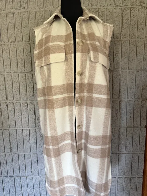 912 H&M Plaid Long Vest Size S Beige Cream Sleeveless