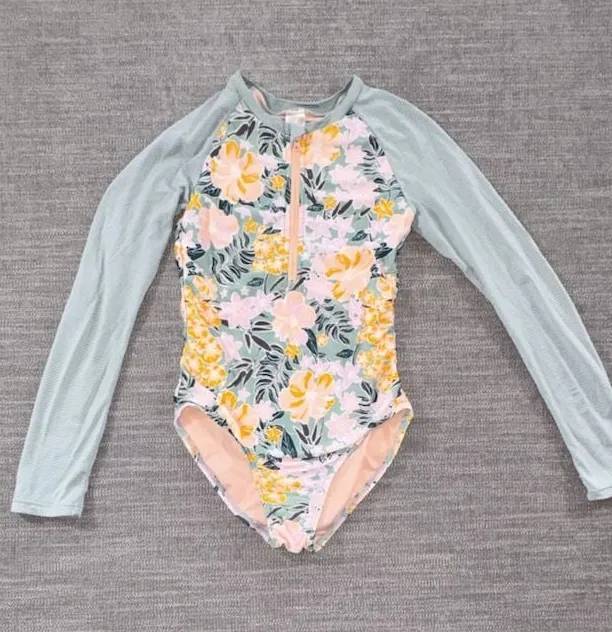 Cat & Jack Long Sleeve Rash Guard Swimsuit Size M 7/8 Floral Zip